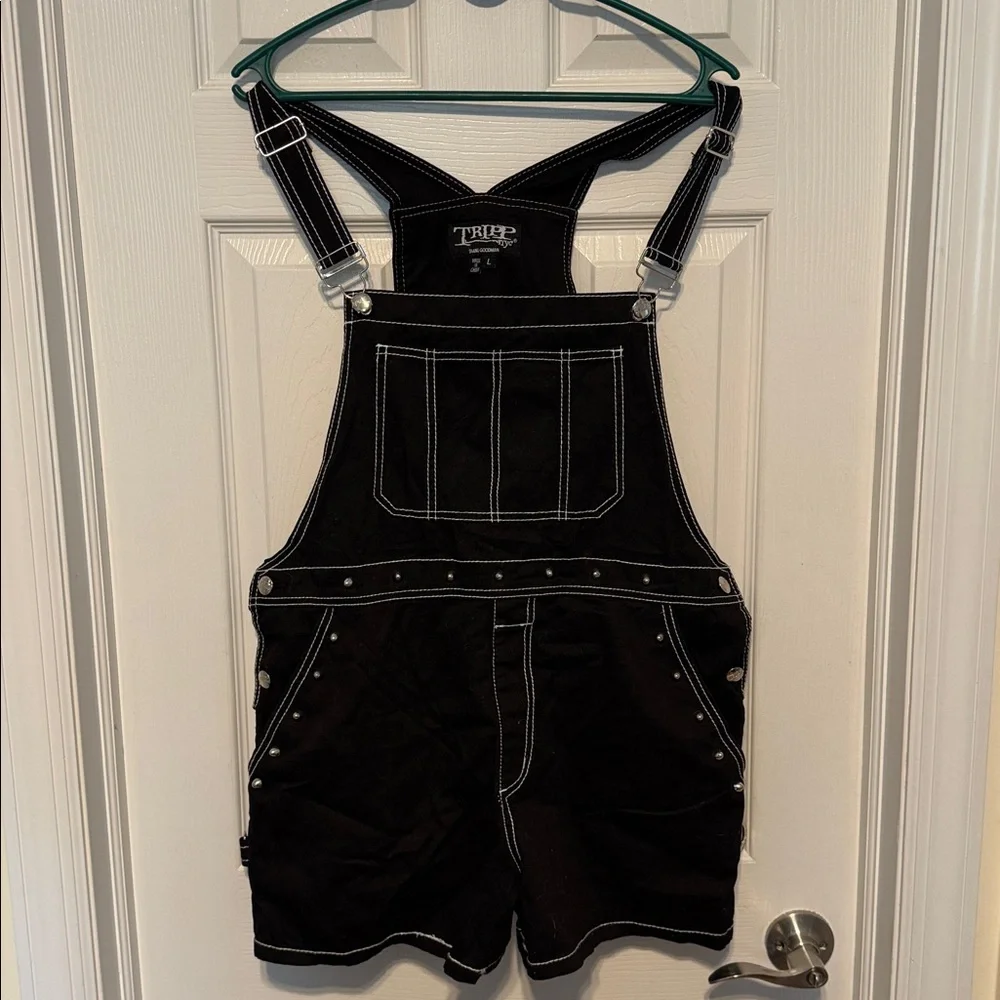 TRIPP NYC Darkstreet Studded Overalls Shorts Black Goth Punk size large - Picture 2 of 7